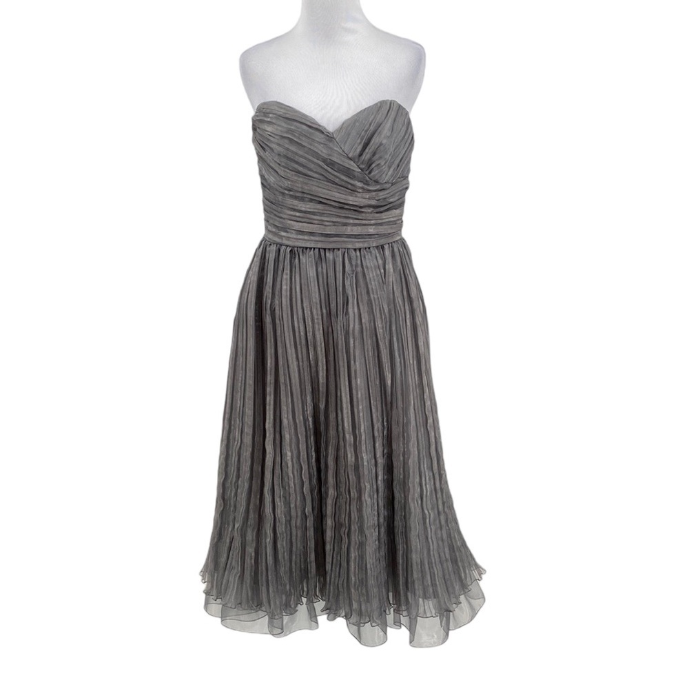 Bari Jay Cocktail Dress Women Size 10 Gray Pleated Strapless Metallic Bridesmaid